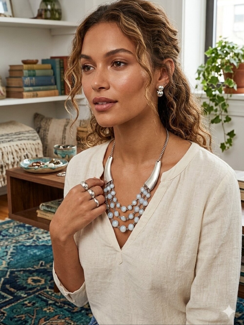 Lucky Brand Vintage Silver Bohemian Multi Strand Collar Necklace Seafoam